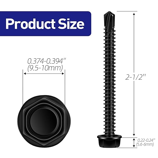 #14 x 2-1/2" Hex Washer Head Self Tapping Screws, TEK Screws, Self Drilling, Stainless Steel 410 Sheet Metal Screws, Black Finish, 25 PCS