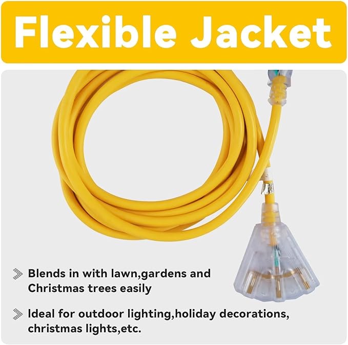 EP 50 Ft 12 Gauge Heavy Duty Extension Cord, 15A 125V 1875W, 3 Outlet Indoor/Outdoor Power Cord with Lighted End, 12/3 SJTW Weatherproof Yellow, UL Listed