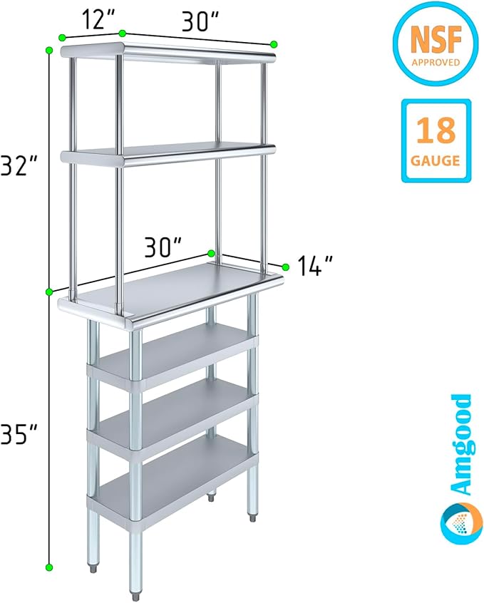 Amgood 14" x 30" Stainless Steel Work Table with 3 Shelves and 12" Wide Double Tier Overshelf | Metal Kitchen Prep Table & Shelving Combo | NSF