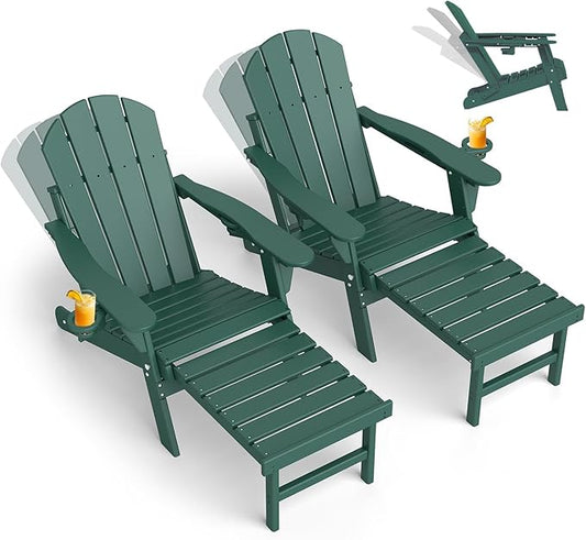 GREENVINES Adjustable Adirondack Chair with Retractable Ottoman Set of 2 | Folding | HDPE Plastic | Fire Pit Chairs w/Foot Rest | 2 Cup Holders | Forest | for Outdoor Patio Poolside Deck