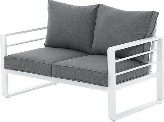 Patiorama Aluminum Patio Furniture Set, Outdoor Patio Loveseat, 2 Seat Sofa Couch, All Weather White Metal Chair with Olefin Cushion, Deep Seating, 600 lbs Capacity, Deck, Garden-Grey Cushion