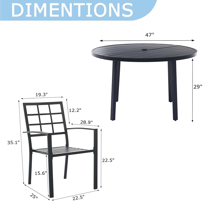 7 Piece Outdoor Dining Set, Patio Dining Set for 6, 47" Black Round Table with 6 Armrest Black Metal Outdoor Dining Chairs for Lawn, Garden, or Porch