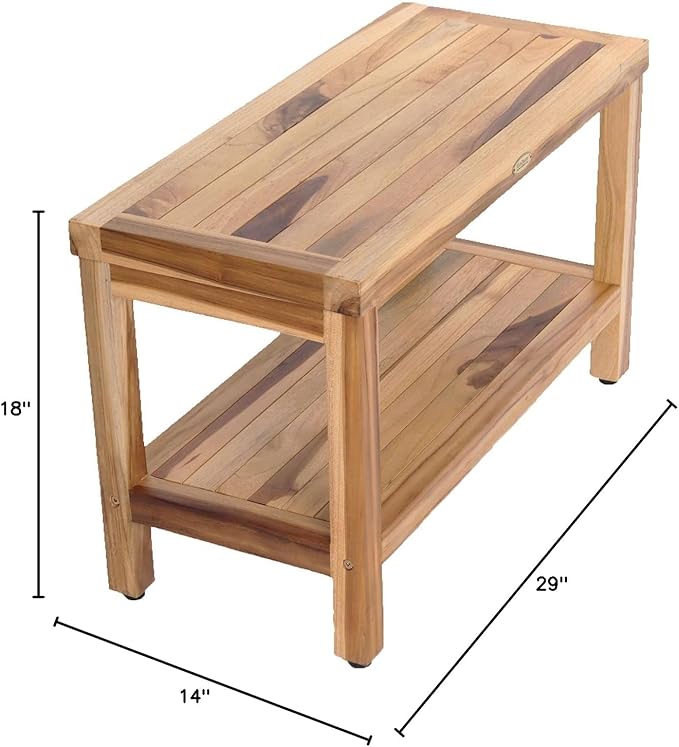 EcoDecors Eleganto 30 Inch Natural Color Waterproof Teak Wood Shower Bench Stool Seat Chair For Inside Shower Provides Safety, Storage, and Organization For Bathroom Accessories