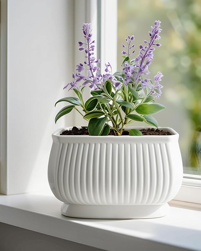 OXART Ceramic Plant pots Indoor Pots Set with Drainage Holes, 12+9 inch Flower Pot Rectangle Planters Pots for Plants for Plants Lilies, Cacti, Succulents, and Pothos, No Trays (White-2)