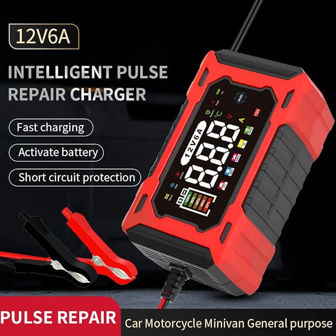12V 6A Smart Battery Charger - Automotive Car/Motorcycle 12V Lead-Acid Battery Charger with LCD, Pulse Repair & Overcharge Protection (Green)