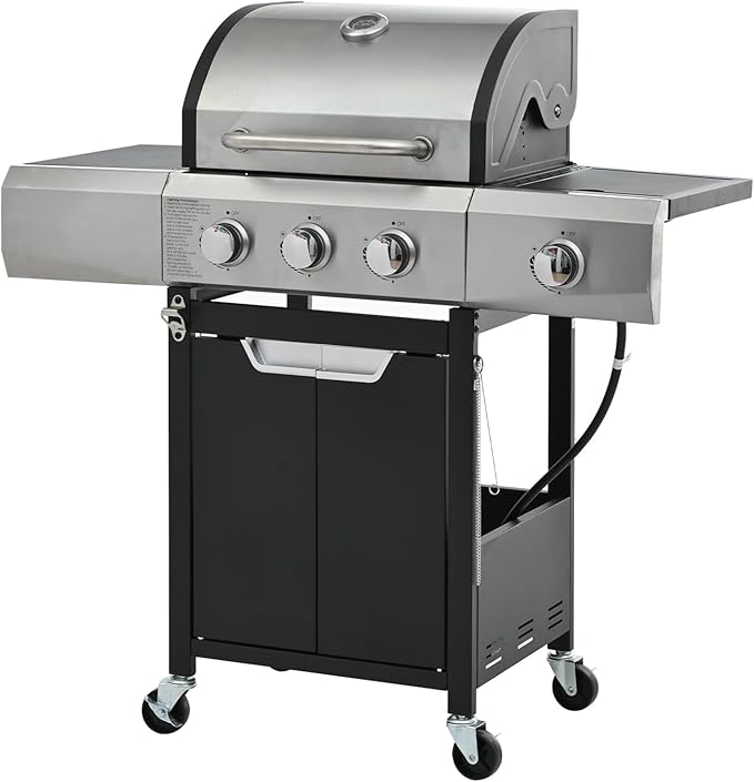 Fast Ignition Outdoor Gas Grill, Independent Multi-Burner & Built-in Thermometer, Easy-Clean Stainless Steel BBQ Grill for Camping Patio Backyard Cooking