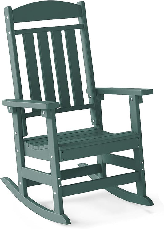 FOOWIN Outdoor Rocking Chair, High Back Patio Rocking Chair, HDPE All Weather Resistant Porch Rocker for Adult, Oversized Rocking Chairs for Garden, Lawn, Indoor & Outdoor Use, Dark Green