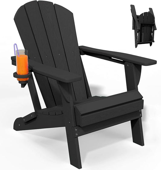 Folding Adirondack Chair, HDPE All-Weather Patio Chairs for Outdoor, Patio, Lawn, Garden, Backyard Deck, Fire Pit - Black