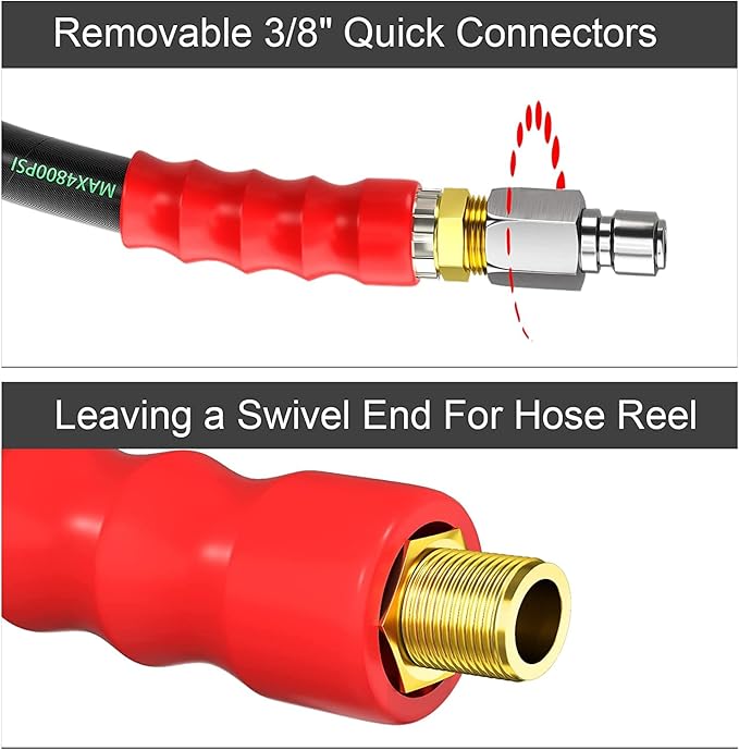 POHIR Pressure Washer Whip Hose 8FT, Reel Connector 248°F Hot/Cold Water Jumper Hose 3/8" with Quick Connect Adapter, Industry Grade Steel Wire Braided & Synthetic Rubber Jacket 4800 PSI