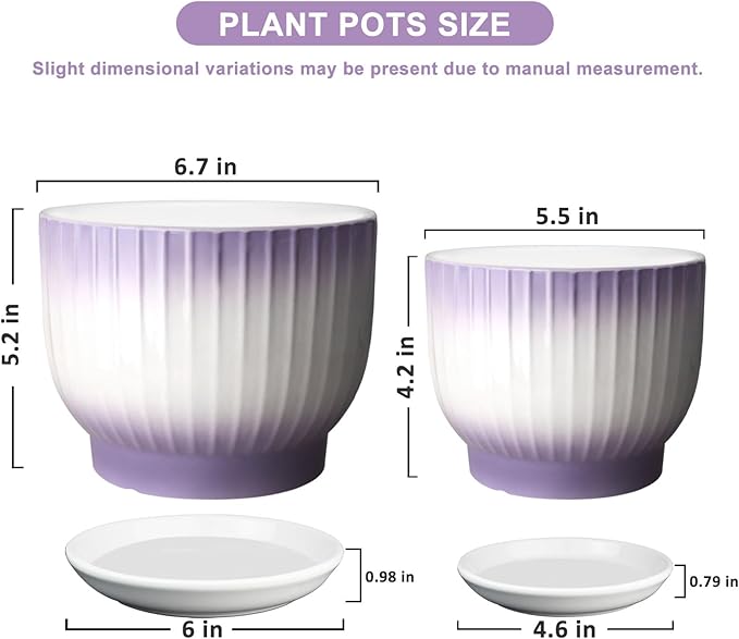 6.7 + 5.5 Inch Ceramic Plant Pots,Planters with Drainage and Saucer,Indoor Pots for Plants,Decorative Orchid Pots Set of 2（Purple + White）