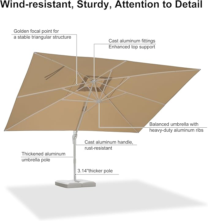 PURPLE LEAF 10' × 13' Patio Umbrella White Cantilever Umbrella Aluminum Square Outdoor Offset Umbrella Hanging Windproof with 360° Rotation for Garden Deck Pool, Beige