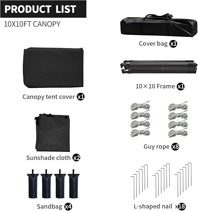 10x10 Pop Up Canopy Tent with 2 Sidewalls, Easy Up Canopy Outdoor Party Sun Shade Tent Portable Gazebo for Beach Camping Events with Carry Bag and 4 Sand Bags