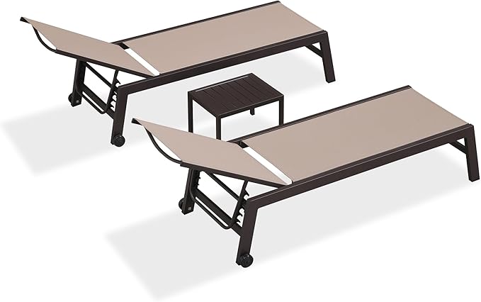 PURPLE LEAF Outdoor Chaise Lounge Chair Set of 3, Patio Lounge Chair for Outdoor, Aluminum Patio Chaise Lounger with Adjustable Backrest and Wheels for Outside, Lawn, Garden, Taupe