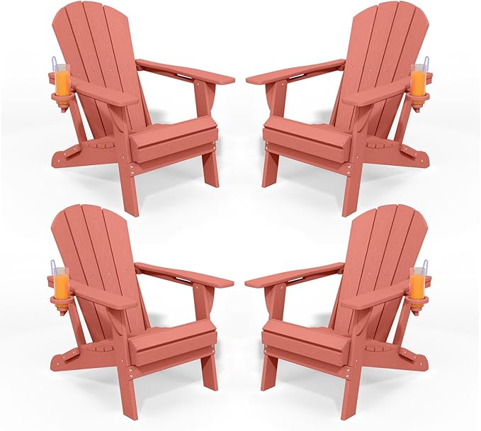 Folding Adirondack Chairs with Cup Holders, Set of 4 HDPE Plastic Outdoor Chairs, Weather Resistant, Real Wood Look, Heavy-Duty Patio Furniture for Deck, Fire Pit, Backyard, Coral