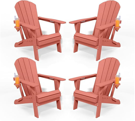 Folding Adirondack Chair Set of 4, HDPE All-Weather Patio Chairs for Outdoor, Patio, Lawn, Garden, Backyard Deck, Fire Pit - Light Red
