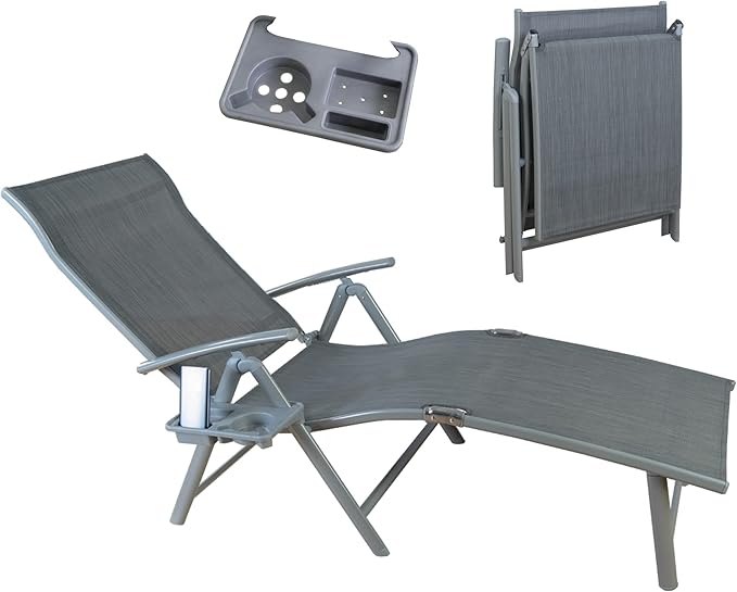 Kozyard Cozy Aluminum Reclining Lounge Chair - Perfect for Beach, Yard, Pool, Deck, and Patio - Outdoor Chaise Lounge with Drink Holder, Weather Free, Adjustable - Assemble-Free (1 Pack, Grey)