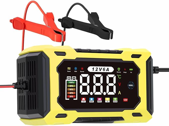 12V 6A Smart Battery Charger - Automotive Car/Motorcycle 12V Lead-Acid Battery Charger with LCD, Pulse Repair & Overcharge Protection