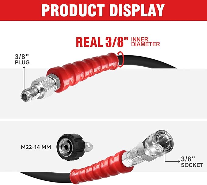 3/8" Non Marking Pressure Washer Hose 150 FT,Kink Resistant Power Washer Replacement Hose Steel Wire Braided for Hot and Cold Water, with M22 14mm to 3/8" Swivel Quick Connect, 5000 PSI (150FT)