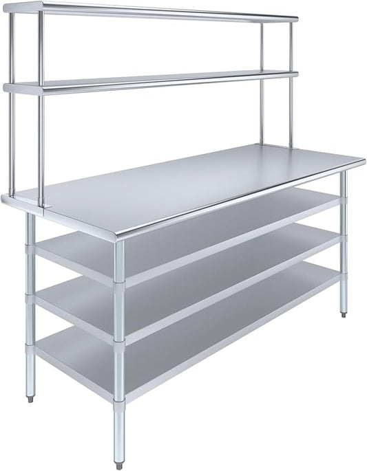 Amgood 30" x 72" Stainless Steel Work Table with 3 Shelves and 12" Wide Double Tier Overshelf | Metal Kitchen Prep Table & Shelving Combo | NSF