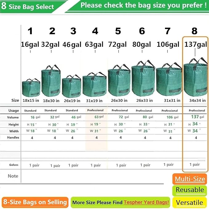 Professional 2-Pack 137 Gallon Lawn Garden Bags Large (D34,H34 inch) Yard Waste Bags W/Gardening Gloves,Big Leaf Bag,Yard Debris,Waste Container,Lawn Trash Bin,Grass Clippings Bag,Weed Bags 4 Handles