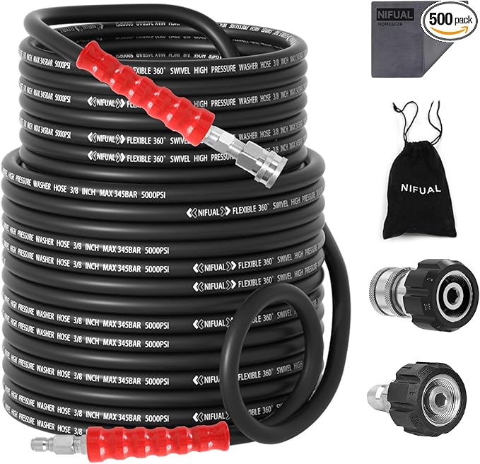 3/8" Non Marking Pressure Washer Hose 150 FT,Kink Resistant Power Washer Replacement Hose Steel Wire Braided for Hot and Cold Water, with M22 14mm to 3/8" Swivel Quick Connect, 5000 PSI (150FT)