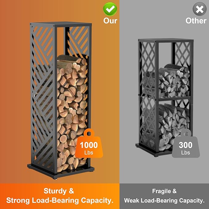 Firewood Rack, Wood Stacker Firewood Outdoor, Black Metal, 44.1 Inches, 1000 lbs Capacity, Indoor Decorative Wood Holder for Woodshed, Storeroom, Basement (Diagonalslot)