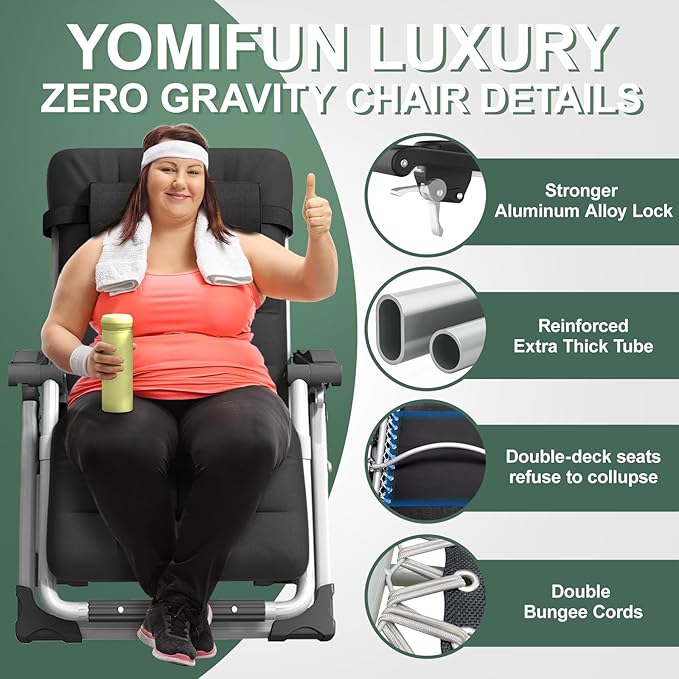 XXL Zero Gravity Lounge Chair 33", Oversized Padded Folding Recliner for Patio with Storage Bag, Removable Cushion, Footrest, Full Aluminum Lock & Large Cup Holder, Supports 500 lbs, Black