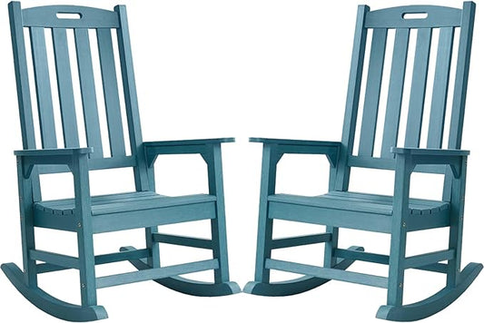 Psilvam Oversized Outdoor Rocking Chair Set of 2, Porch Rocker with 21" Wide Seat and 32" Tall Backrest, Pre-Assembled with Most Components for Effortless Installation (Blue)