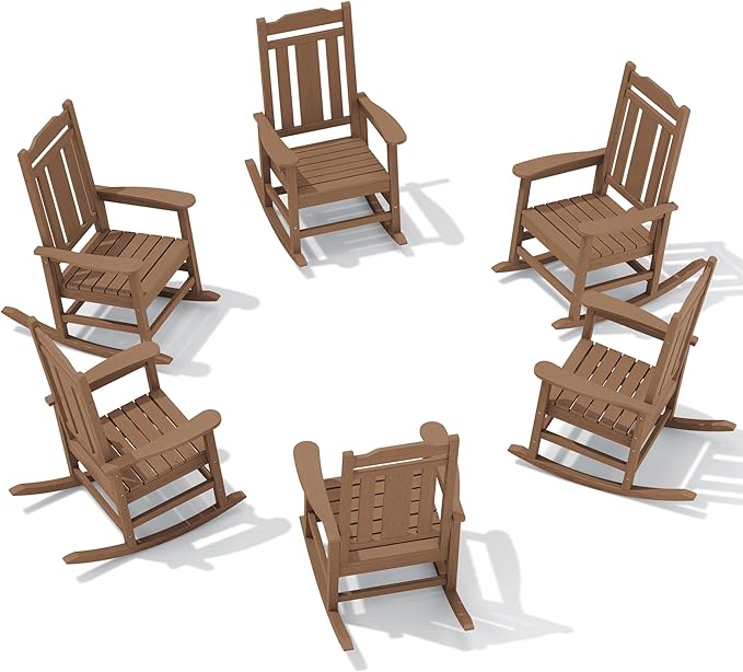 SERWALL Outdoor Rocking Chair Set of 6, Patio Rocking Chair Sets, HDPE Rocking Chair for Adults, Brown