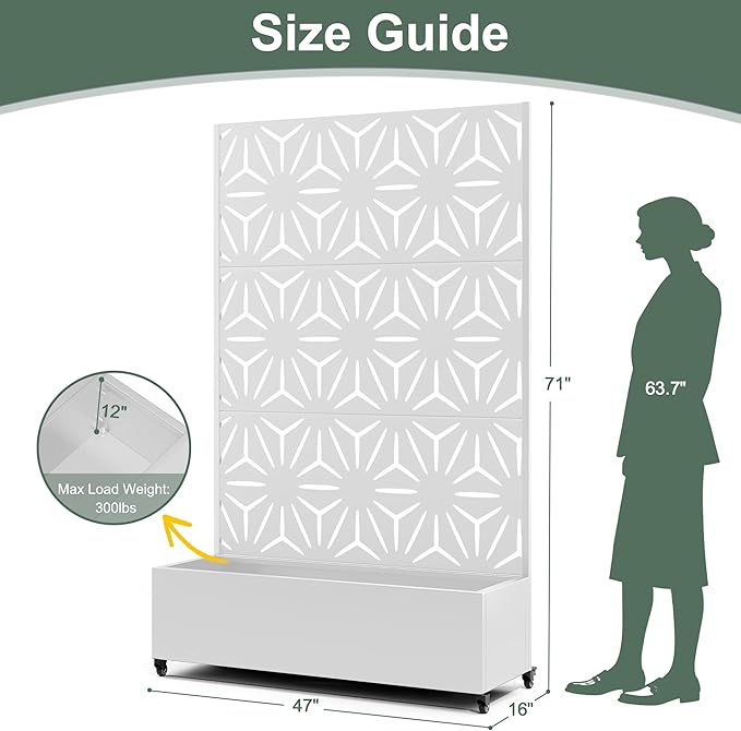 Metal Planters Box with Trellis & Privacy Screen for Patio, Large Raised Garden Beds with Drainage Holes & Wheels, 47" L×16" W×71" H Standing Flower Beds with Trellis (White Star)