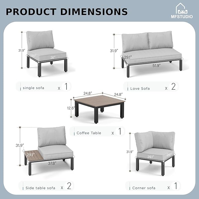 MFSTUDIO 7 Pieces Patio Furniture Set,Outdoor Metal Frame Patio Sectional Sofa Conversation Set with Coffee Table&Removable Cushion for Backyard,Garden,Poolside