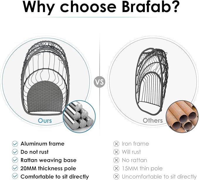 Brafab Wicker Rattan Hammock Egg Hanging Chair with Chain, Rusty Resistant Aluminum Frame and UV Cushion, Indoor Outdoor Bedroom Patio Porch Folding Camping Chair(Without Stand)