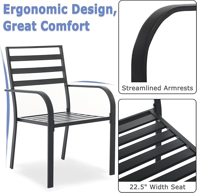Outdoor Dining Chairs Set of 6, Metal Frame Stackable Patio Dining Chairs with Armrest, Wrought Iron Patio Bistro Chairs for Lawn, Backyard, Garden, Porch