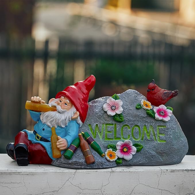 Funny Garden Gnomes Statue with Welcome, Solar Outdoor Gnomes Decorations for Yard, Patio, Lawn, Christmas Birthday Housewaming Gifts for Dad, Men, Husband, Grandpa, 11.8 Inch, Resin