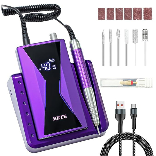 BETE Professional Nail Drill Machine, 0-40000RPM Brushless Durable Electric Nail File for Acrylic Gel Nails, Rechargeable Nail Drill with Charging Base with 6pcs Drill Bits for Salon Home, Purple