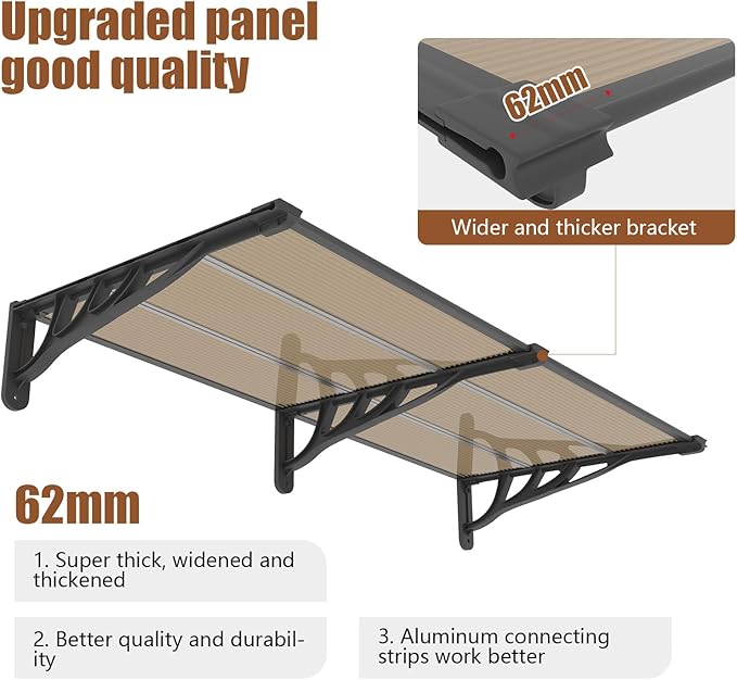 Door Awning Window Canopy, Modular Spliced Awnings for Outside,Porch,Patio,Deck,Polycarbonate Sheet,UV, Rain, and Snow Protection (Brown Board & Black Bracket, 35'’*40'’)