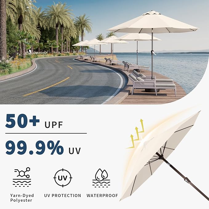 10FT Patio Umbrella Outdoor Market Umbrella with Crank and Tilt, 8 Flexible Fiberglass Ribs, UV-Resistant Waterproof Canopy for Patio, Deck, Garden, Backyard, Creamy White