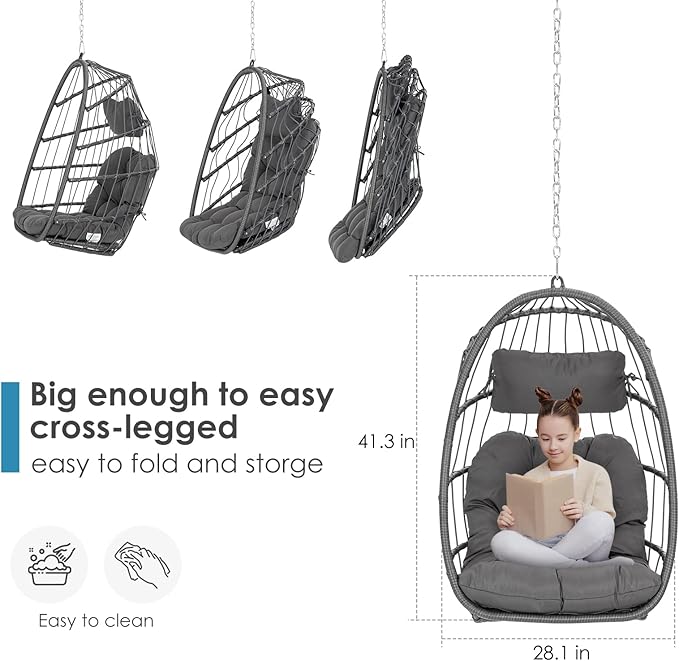 Brafab Wicker Rattan Hammock Egg Hanging Chair with Chain, Rusty Resistant Aluminum Frame and UV Cushion, Indoor Outdoor Bedroom Patio Porch Folding Camping Chair(Without Stand)