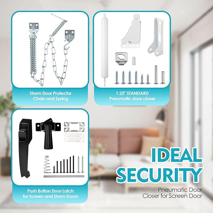 Screen and Storm Door Closer Kit, All in ONE, Closer for Heavy Storm Doors | Screen and Storm Door Push Button Latch Set | Storm Door Protector Chain and Spring