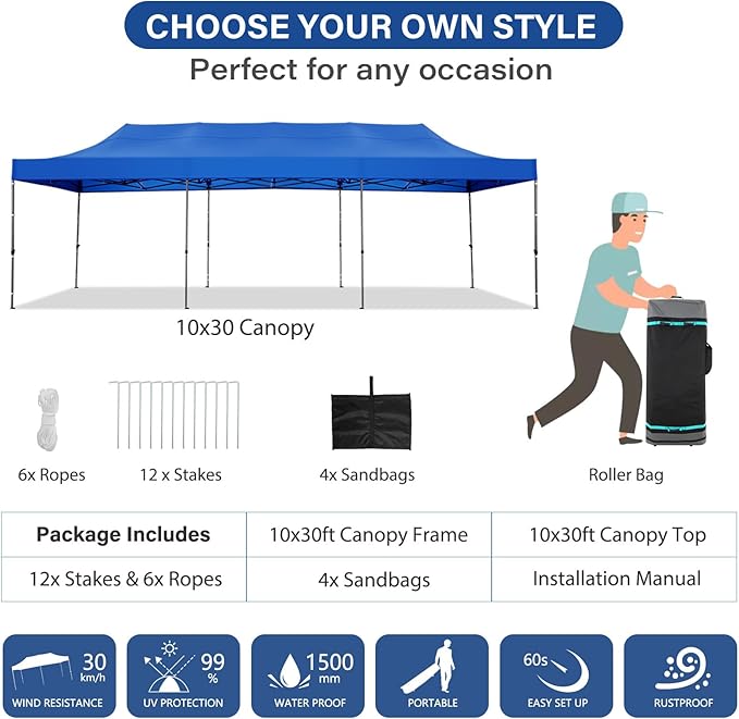 COBIZI 10x30 Pop up Canopy Heavy Duty Without Sidewalls, Easy Set-up Commercial Outdoor Party, 100% Waterproof Wedding Canopy Gazebo, 3 Height Adjustable with Wheeled Bag, Blue
