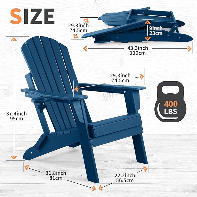 FUNBERRY Folding Adirondack Chair, All Weather HDPE Fire Pit Chairs with Cup Holder for Outdoor