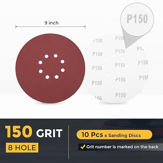 HARFINGTON 10 Pcs 9 Inch Sanding Discs, 150 Grit Hook and Loop Sandpaper, 8-Hole Aluminum Oxide Orbital Sander Sandpaper for Woodworking Automotive Metal Polishing, Red