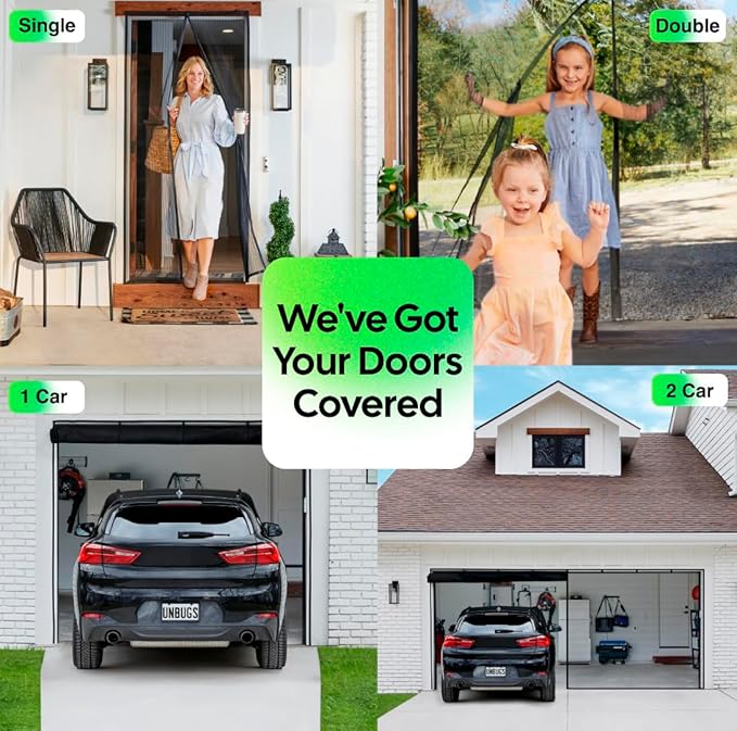 UnBugs Magnetic Screen Door - Fits French Door & Double Doors up to 62 x 82 Inches MAX - Pet & Kid Friendly, Self-Closing - Hands Free Magnet Closure Keeps Bugs Out & Breeze in