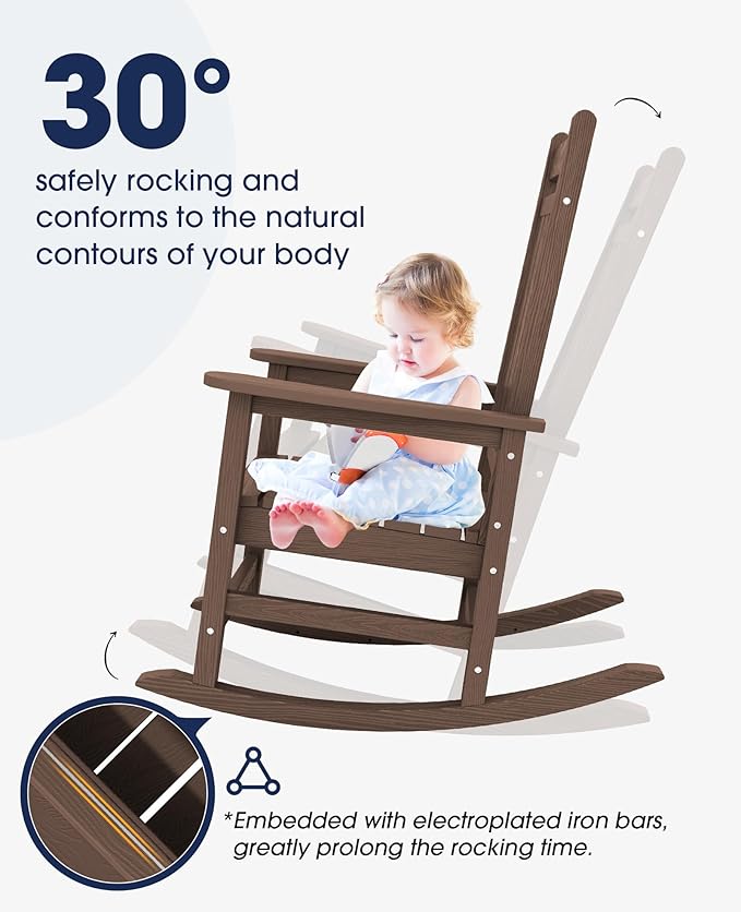 KINGYES Outdoor Rocking Chair Set of 4, All-Weather Patio Rocking Chairs for Porch, HDPE Rocking Outdoor Chairs with High Back for Adult, Heavy Duty Outdoor Patio Rockers for Garden, Lawn, Brown