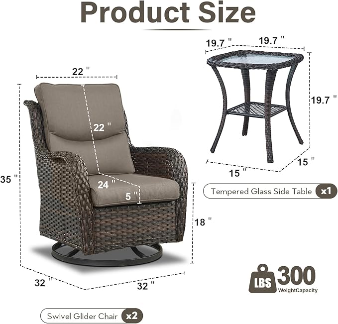 Outdoor Swivel Rocker Patio Chairs with 5" Thick Cushion - 3 Piece Wicker Bistro Set with Side Table, High Back Comfty Outdoor Glider Chairs for Balcony, Porch, Deck, Poolside - Brown/Gray