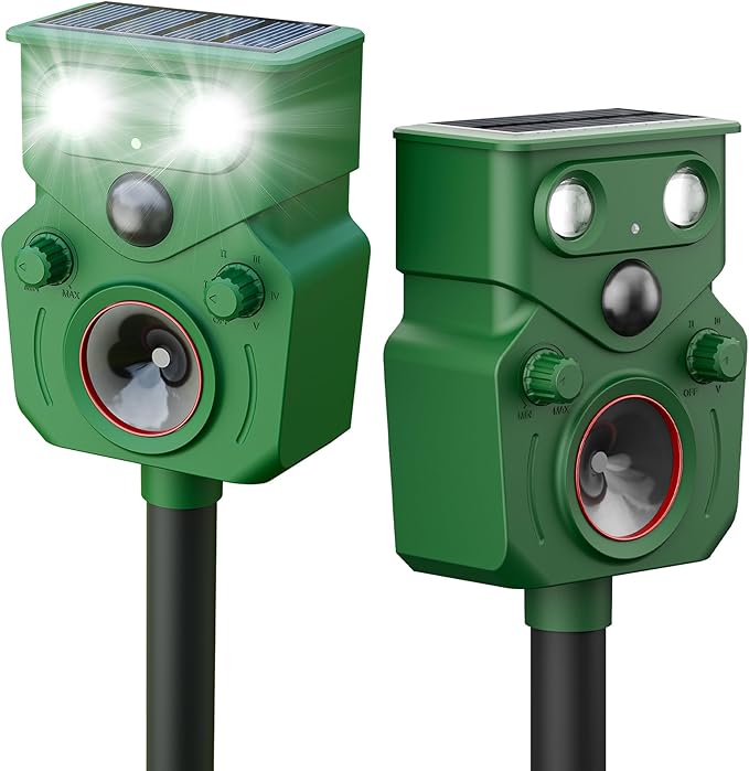 2025 Upgraded Solar Powered Animal Repeller 2 Packs, Ultrasonic Solar Powered Deer Repellent for Outdoor Yard Lawn Repel Squirrel Raccoon Cat Deterrent with Motion Sensor & Flashing Light (2, Green)