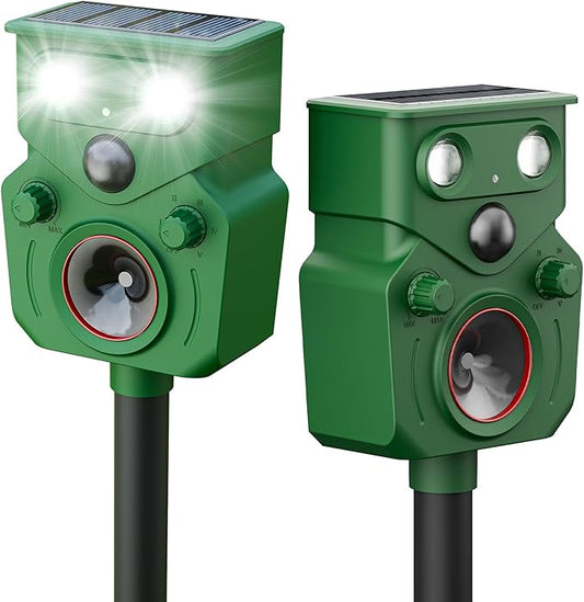 2025 Upgraded Solar Powered Animal Repeller 2 Packs, Ultrasonic Solar Powered Deer Repellent for Outdoor Yard Lawn Repel Squirrel Raccoon Cat Deterrent with Motion Sensor & Flashing Light (2, Green)