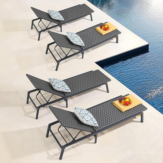 Patiorama Patio Chaise Lounge Set of 4, Aluminum Outdoor Folding Lounge Chair, All-Weather PE Rattan Wicker Adjustable Reclining Lounge Chair for Outside,Portable Sun Lounger for Beach Lawn Pool-Grey
