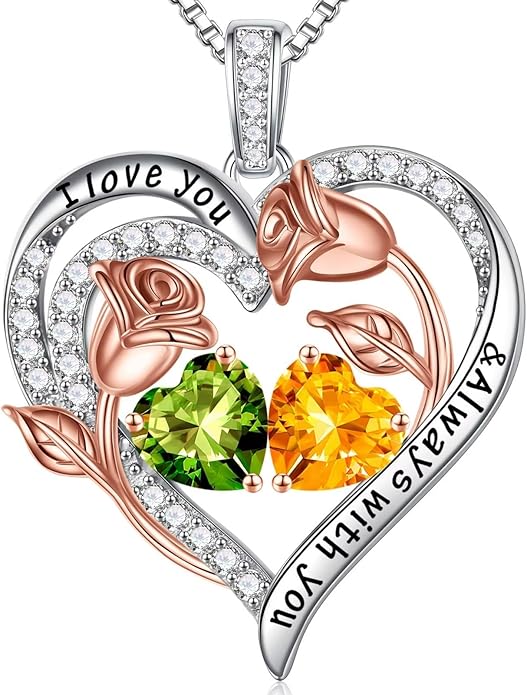 Iefil Christmas Gifts for Women Wife - 925 Sterling Silver Rose Heart Birthstone Necklace Birthday Anniversary Jewelry Gifts for Her Wife Mom Daughter