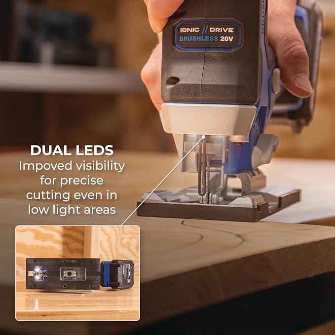 Kreg 20V Ionic Drive Barrel Grip Jigsaw - Cordless, Compact & Ergonomic - Precision Cutting - 20V Variable Speed - LED Lights & Built-In Blower - Bare Tool - KPTJS100A